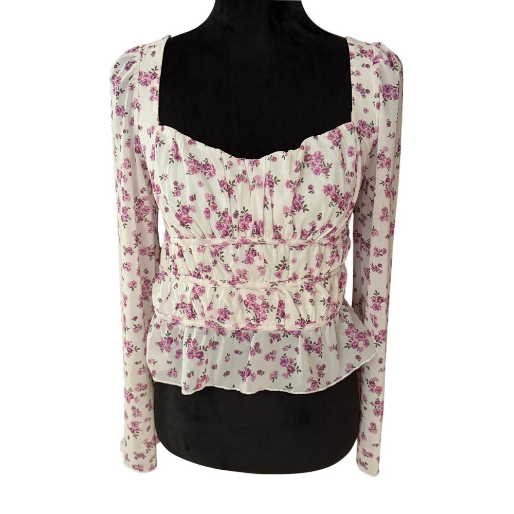 Kirious Los Angeles Floral Ruched Mesh Long Sleeve Smocked Milkmaid Top